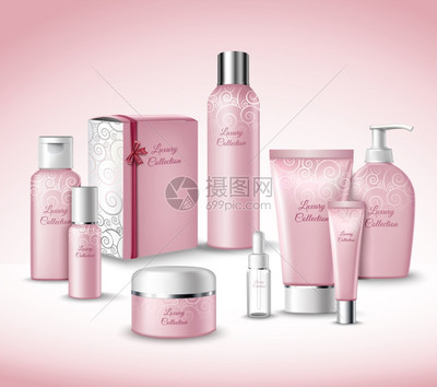 虛擬與現實的交匯 3D豪華化妝品美容護理產品包集矢量插圖設計